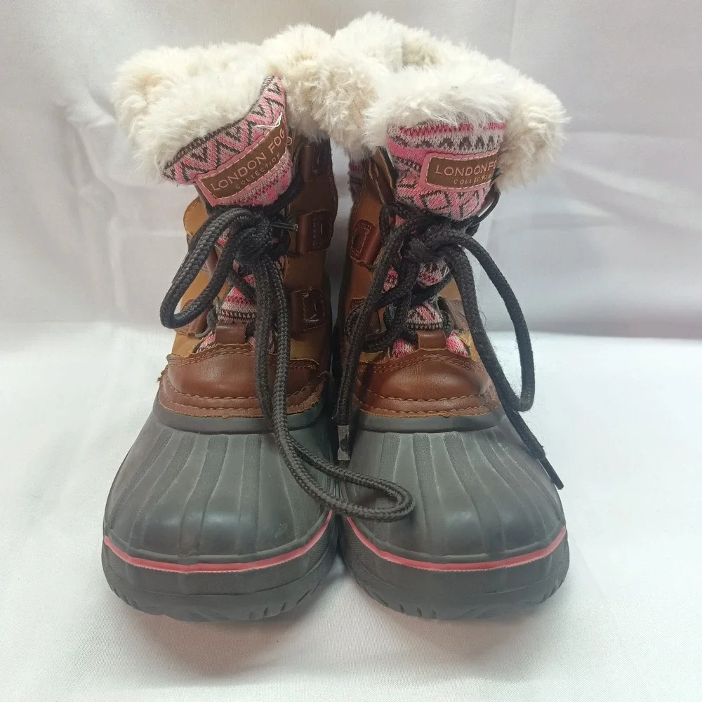 London Fog Tottenham Kids Winter Duck Boots Pink Brown Faux Fur Size 12 LFK004